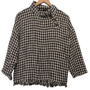 Zara Mock Neck Houndstooth Fringe Hem Pullover Sweater‎ Size Small Cream Navy
